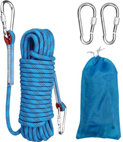 GOMETY Cuerda de 10 m para exteriores de 10 mm con 2 mosquetones, cuerda de escalada trenzada de nailon con 2 ganchos de acero para talar árboles, cuerda de seguridad al aire libre, deportes, camping