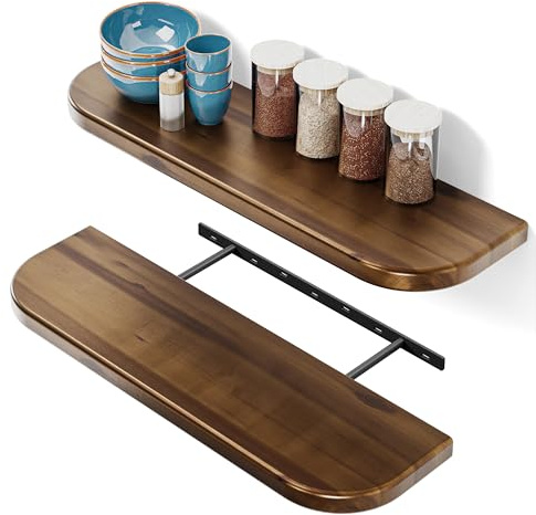 BATODA Wandregale aus Akazienholz, 61 cm, Wandmontage, runde Kante, rustikales Bauernhaus-Wandregal für Schlafzimmer, Küche – Halterungen und Regalzubehör im Lieferumfang enthalten (Walnuss, 61 cm