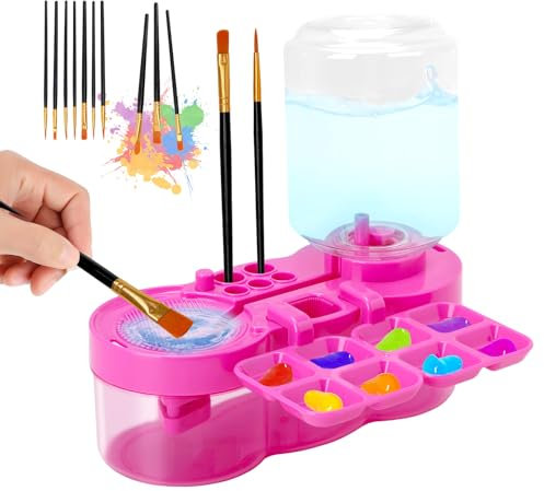 Foyucool Nettoyeur de Pinceaux, avec 10 Pinceaux, Conception du Recyclage de l'eau, avec Porte-pinceaux et Palette, pour Acrylique, Aquarelle, Peinture à Base d'eau, Rose