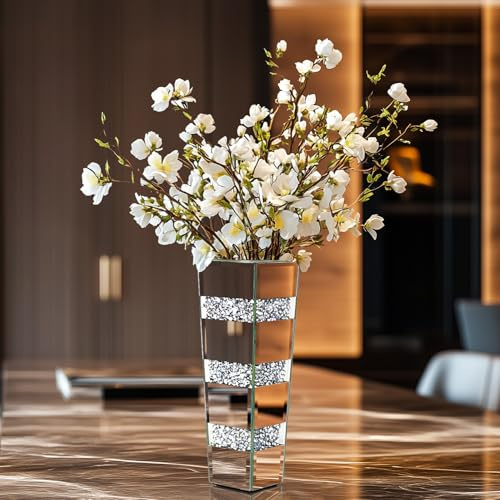 Artloge Tischvase Dekorative Vase 30cm Hoch: Silberne Vase Kristall für Pampasgras, Glas verspiegelte Diamanten Blumenvase für Wohnzimmer Esszimmer Büro– Kein Wasserhalt