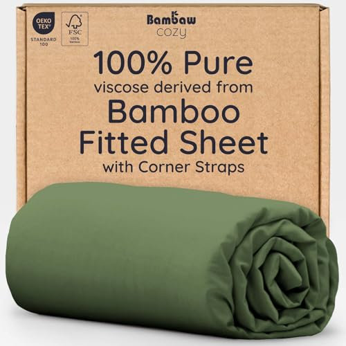 Bambaw Nur Spannbetttuch, 100 % Viskose aus Bambus, Spannbetttuch in voller Größe mit Eckbändern, kühlend und weich (Olivgrün)