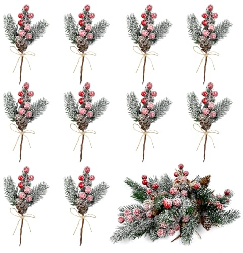 VGECEE Weihnachtsbeeren 10 Stück Weihnachtsbeerenzweige Tannenzweige Künstlich Beschneit Künstliche Tannenzapfen Rote Beeren Deko Weihnachten für Weihnachten, Kranz, Bastelarbeit, Weihnachtsbaum