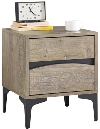 SoBuy Nachttisch, Nachtkommode mit 2 Schubladen und geschwungener Front, Holzoptik & Metallfüße, Moderner Beistelltisch fürs Schlafzimmer, 40×40×47 cm, Natur FBT165-N