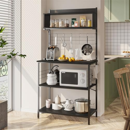 Bestier 80cm Bread Rack & Microwave Rack with 4 Shelves, Multi-functional Coffee Bar Shelf, 8 Side Hooks, Open Shelf Suitable for Kitchens, Dining Rooms, Living Rooms (black)