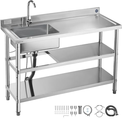 VEVOR Stainless Steel Utility Sink, Free Standing Single Bowl Commercial Kitchen Sink with Faucet and Hot & Cold Water Pipe, Dual Storage Shelves for Garage, Restaurant, Laundry, 47.2 x 19.7 x 37 in