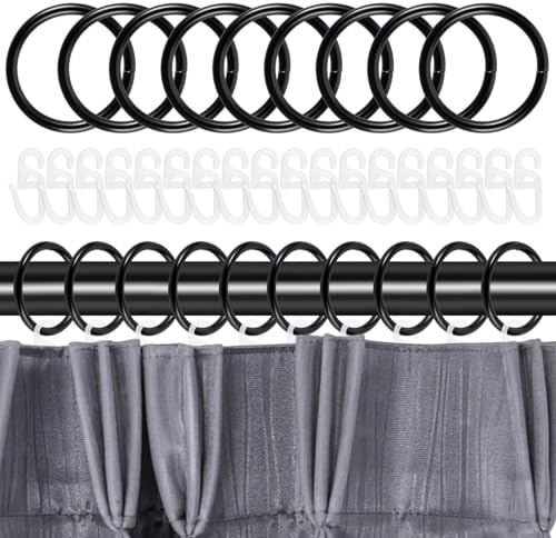 TESSTSY 50 Stück Gardinenringe mit Haken, 30mm Metall Vorhangringe | Gardinen Ringe für Stange, Vorhangringe und Kunststoff Gardinenhaken, für Vorhang und Duschvorhang (Schwarz)