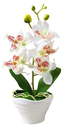 Mini Orquídeas Flores Artificiales 5Pétalos Orquídea Artificial,Blanco | Phalaenopsis Artificial,Maceta de Plástico, 27cm,Ideal para el Hogar u Oficina,Hecha de Seda, Plástico y Alambre Metálico
