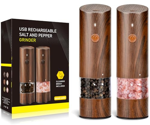 OHFAMO Juego de molinillo de sal y pimienta eléctrico 2 en 1, molinillo de pimienta eléctrico con molino de cerámica ajustable, USB tipo C recargable, manejo con una mano, molinillo de especias para