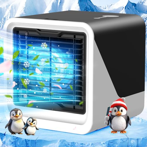 Portable Air Conditioner for Room, Desktop & Office, 3-in-1 Personal Air Conditioning Unit Portable, 500ml Water Tank, 3 Speeds, 7-Color LED, USB Powered Evaporative Air Cooler for Bedroom & Camping