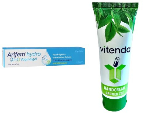 vitenda Set: gel vaginale idratante con acido ialuronico e acido lattico in caso di secchezza del vaginale, senza ormoni, 1 x 30 ml, con crema mani vitenda
