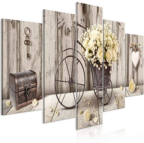 murando - Tableau décoratif 100x50 cm - Impression sur toile colorée - Décoration murale pour salon et chambre - Vert blanc marron - Bouquet bois fleurs vélo cœurs ancien n-C-0291-b-m