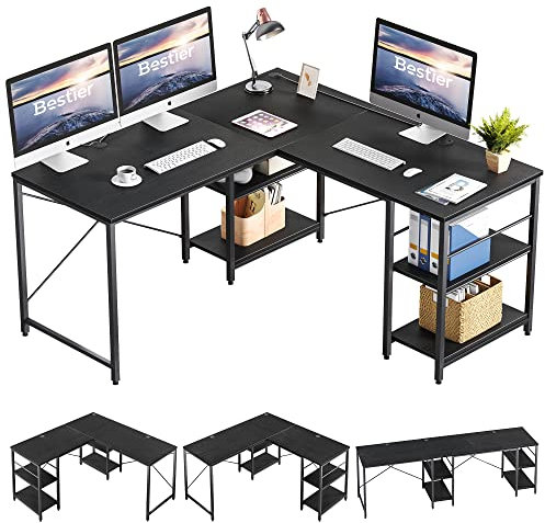 Bestier L-förmiger Schreibtisch mit Regalen Reversibel Eckschreibtisch 240CM Industrieller Langen Tisch Stabil Schreibtisch L Form Computer Workstation mit 3 Kabellöchern
