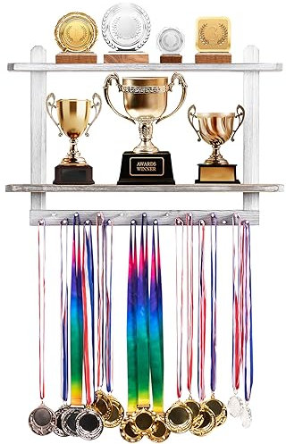 Lavievert Appendiabiti in legno per medaglie e trofei, espositore da parete per medaglie da gara con 2 ripiani, porta medaglie, trofeo con 19 barre appendiabiti, bianco