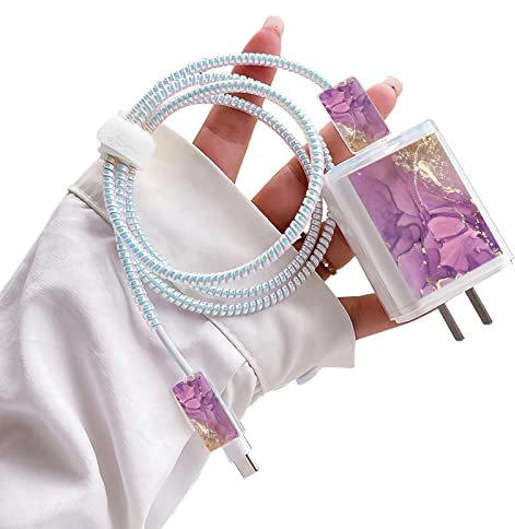 Cute Marble DIY Cable Protectors Set for iPhone 14 13 12 11 Pro X Charger with Gold Glitter Marble Design, Data Line Wire Saver USB-C Cable Charger Protector Cover for iPhone-Purple