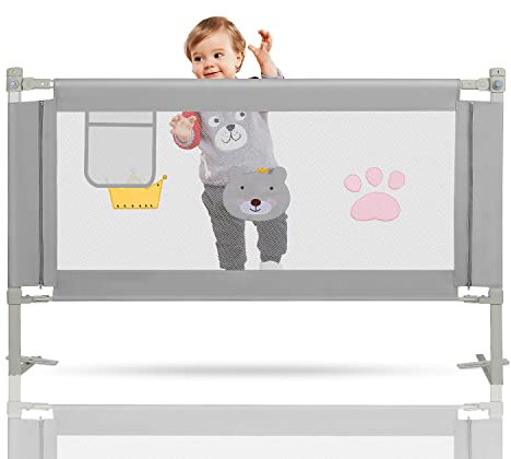 Vigevee 180 cm Kinder bettgitter, Bettschutzgitter Höhenverstellbar, Rausfallschutz Bett für Kinder, Kinderbettgitter mit luftiges Netz, für Familienbett und Kinderbett, Grau, 180 * 70cm-1 Pack