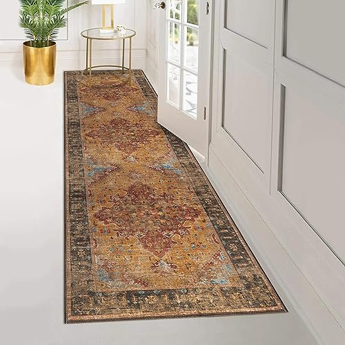 Vernal Milagros Teppich, maschinenwaschbar, fusselfrei, rutschfest, für Wohnzimmer, Schlafzimmer, Esszimmer, Flur, Küche, haustierfreundlich, Ocker/Walnussbraun/Rost, 76 x 243 cm