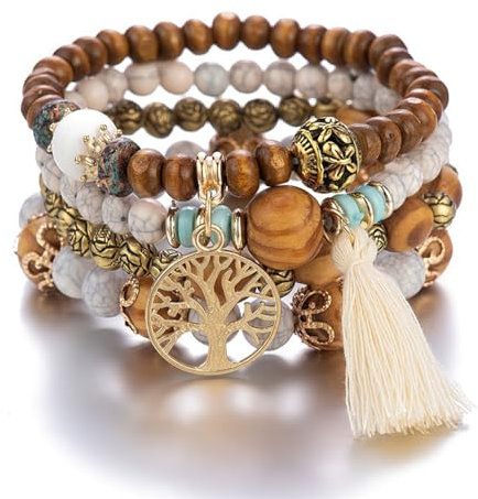 Sternstunde Boho Armbänder Damen im 4 Stück - Schmuck Boho Armreifen mit Holzperlen und Quaste, Chakra Armband, Lebensbaum-Charm, Liebe, Statement-Armreifen (C)