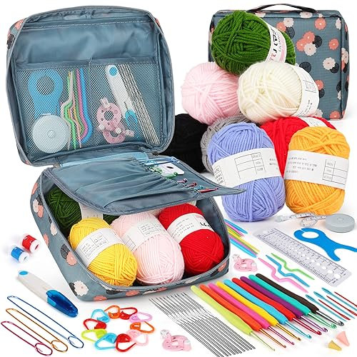 Aeeque Häkelset für Anfänger mit 8 Acryl Wolle, 9 STK. Ergonomische Häkelnadel Set mit TPR Gummigriff, Edelstahl Häkelnadel mit Tasche, Bunt Metal Häkelnadeln, Häkeln Set für Socken, Pullover, Schal