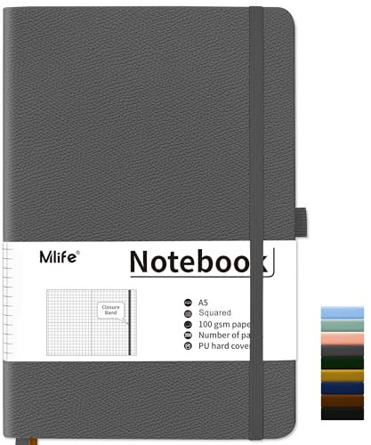 Mlife Notizbuch A5 Kariert,200 Seiten Notizbücher Hardcover,Premium 100gsm Tintenfestes Papie Dickes,PU Hard Cover Notebook,Innentasche,Elastisch Gebändert,Bullet journal&Notizblock,Tagebuch(Grey)