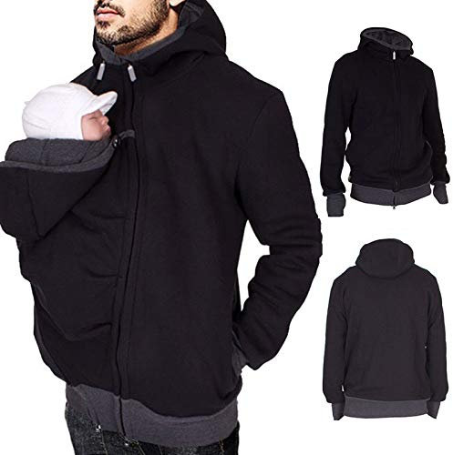 Beokeuioe Kangouru Sweat à capuche pour hommes Pull Hiver Chaud Porte-bébé Manteau Pull de loisirs Convient pour, Veste de portage Papa 2 en 1 Sweat à capuche kangourou d'hiver, A7 noir, XL