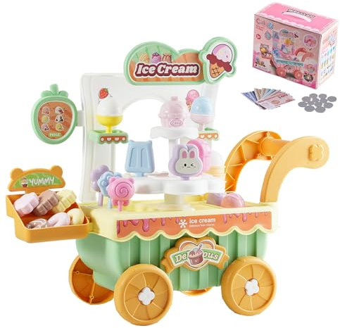 VEVOR Eiswagen, 27-teiliges Zubehör, Eisdiele aus PP, Eisladen mit Aufbewahrungswagen mit Spielgeld, Ton- und Lichteffekten, Montessori-Lernspielzeug, Rollenspiel für Kleinkinder ab 3 Jahren