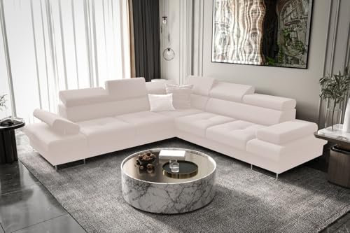 Friderik Ecksofa Galaxy MAX 276×276 cm mit Schlaffunktion – Stoffbezug Gemma, Verstellbare Kopfstützen, Bettkasten (Creme, Rechts)