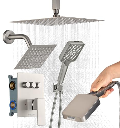 VEVOR Ensemble de Robinetterie de Douche, Système de Douche 3 Fonctions, Pommeau Haut à Effet Pluie 30,5 cm, Pommeau Mural et Douchette à Main 4-en-1, Valve en Laiton, Salle de Bain, Nickel Brossé
