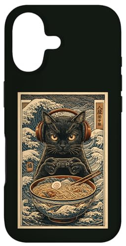 Hülle für iPhone 17 Schwarze Katze Gamer mit Ramen und Kopfhörern, japanischer Kunststil