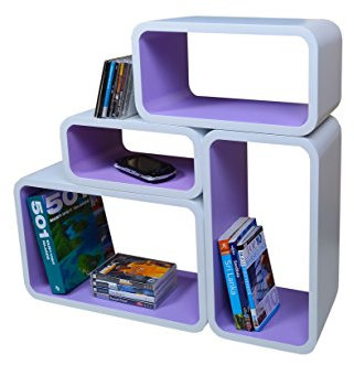 Cube Verstärkte Vielen Farben MDF Retro Design 4er Set Regal Regale Wandregal Deko Würfel CD DVD Lounge LO01 (Weiß/Lila)