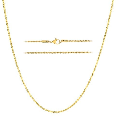 KISPER 18k Gold Hip Hop Braided Rope Chain Necklace – 2mm Gold Plated Solid Stainless Steel Durable Jewelry for Women & Men with Lobster Clasp, 36