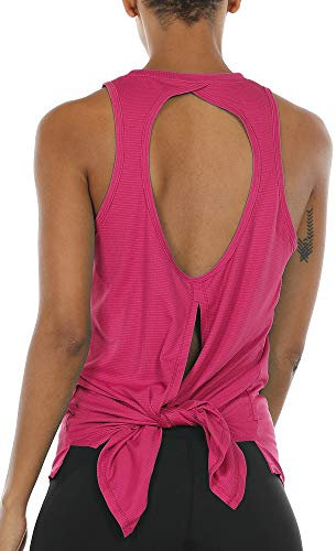 icyzone Damen Sport Top Yoga Fitness Shirt Rückenfrei Oberteil Atmungsaktive Laufshirt (M, Rose Red)