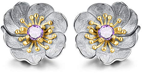 ✦ Geschenke für Frauen ✦Springlight Ohrringe Silber 925 Blühende Anemone Blume Ohrstecker Handmade: Ohrringe Schmuck Damen Jugendweihe Geschenke Mädchen.(Silver -Gold -Purple)