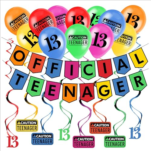 13. Geburtstagsdekoration Official Teenager (Englische Sprache) - Mehrfarbige Geburtstagsdekorationsset und Spiralgirlande - Partyzubehör