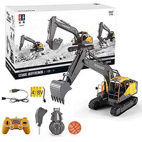 s-idee E568-003 1/16 Volvo Licensed RC Pelleteuse à pelle avec fonction complète 3 pièces et balle, pelleteuse avec télécommande et pince à bois télécommandée avec batterie et chargeur