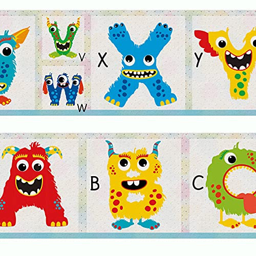 Sunnywall® Wandbordüre Bordüre Monster ABC Schule einzigartiges Design | Baby- Kinderzimmer Dekoration | hochwertiges Tapetenvlies | 400 x 12 cm