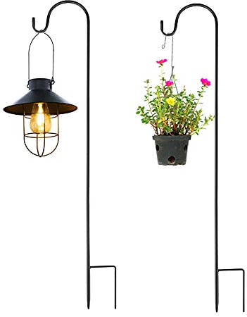 2 Pack Shepherds Crook Hooks, Adjustable Height Shepherds Hooks with Base, 76 cm/29.64 in Metal Border Hook for Garden Lights, Lanterns,Plant Baskets, 3 Section Stitching, (Black)