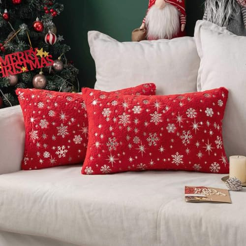 MIULEE 2er Set Kissenbezüge Weihnachten Kuschelkissen Flauschig Schneeflocken Dekokissen Sofakissen Plüschkissen Fellkissen Couchkissen Kissenhülle Zierkissenbezug für Wohnzimmer 30x50 cm Rot