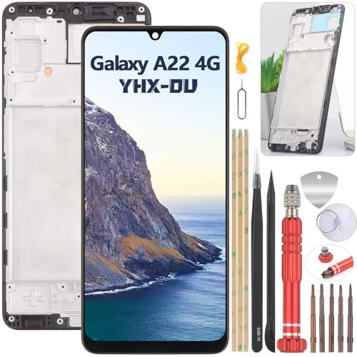 YHX-OU Incell Noir+Cadre Dispay pour Samsung Galaxy A22 4G SM-A225F A225F/DS A225M A225M/DS Écran LCD Tactile Assemblage de Rechange avec Outil d'installation + Galaxy A22 Verre trempé