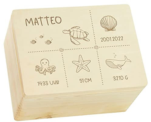 Kekskrone personalisierte Holzkiste mit Deckel - Ocean Serie - Natur, FSC® - ca. 40 x 30 x 24 cm - personalisierte Geschenke Baby - Aufbewahrungsbox Kinder - Taufgeschenke