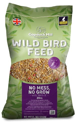 Copdock Mill No Grow, No Mess Wild Bird Seed with Verm-X 20kg – No Grow Bird Seed with Added Natural Supplements for Healthy Wild Birds – Includes Peanuts, Sunflowers, Wheat, Maize and Verm-X