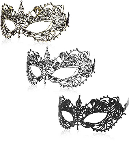 WLLHYF 3 Stück Spitze Maske Fun Vintage Maskerade Maske Spitze Augenmaske für Frauen Männer Halloween Maskerade Karneval Party Kostüm Ball Cosplay Foto-Shooting (Schwarz/Gold/Silber)