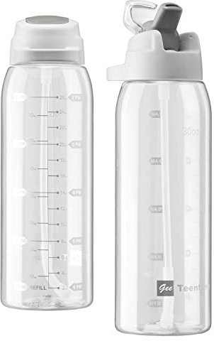 Teentumn Clear Water Bottle with Straw BPA Free Tritan with Time Markers, 30oz Durable Bottle Perfect for Office, School, Gym and Workout (Pack of 1)