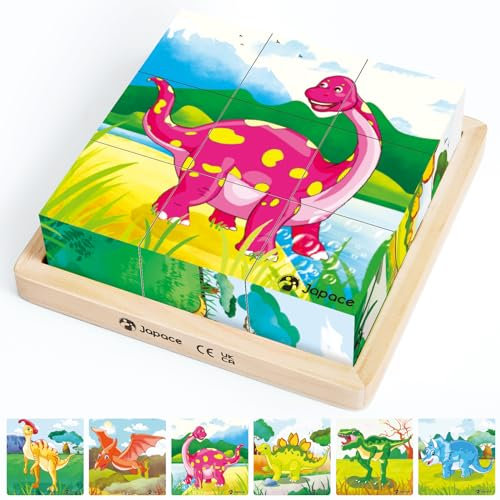 Japace Wooden Jigsaw Puzzles for Toddlers, 6 In 1 Dinosaur Puzzle 3D Wooden Cube Block Toys Montessori Educational toys for Kids 1 2 3 4 Years Old Dinosaur Toys for Boys and Girls