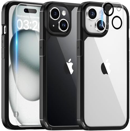 TAURI Black Case for iPhone 15 Case, and Screen Protector, [Not-Yellowing & Military Drop Defense] Shockproof Phone Case 6.1 inch