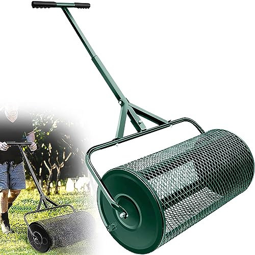 GEJLELDS Karbonstahl-Kompost-Torf-Moos-Dressing-Rollenverteiler für Garten, Rasen, Hinterhof, langlebig und rostfrei, leichte Topdressing-Walze zum Verteilen von Rasen – 61 cm,Green