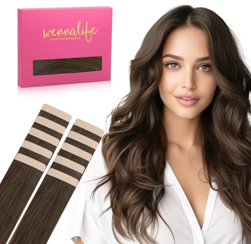 WENNALIFE Tape Extensions Echthaar, 40cm 25g 10 Stück Invisible Tape in Extensions Echthaar, Echthaar Extensions Tape, Haarverlängerung Echthaar, Remy Gerade Haarextension Echthaar #4 Schokoladenbraun