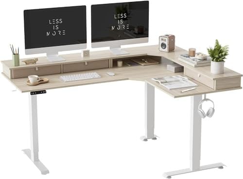 FEZIBO DREI Motoren Schreibtisch Höhenverstellbar Elektrisch mit 3 obere Schublade, L Form Stehpult, Links und rechts austauschbar, 160 x 120 cm eckschreibtisch, Weiß Rahmen/Heller Walnuss Tischplatte