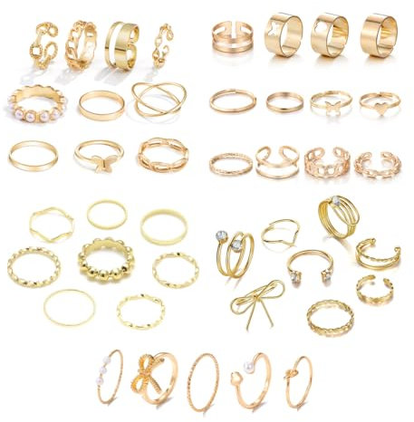 FDEETY Damen Ringe Set Verstellbar Schleife Schmetterling Herz Kristall Perlen Schmuck Goldfarben Knöchelringe Stapelringe Midi Ringe