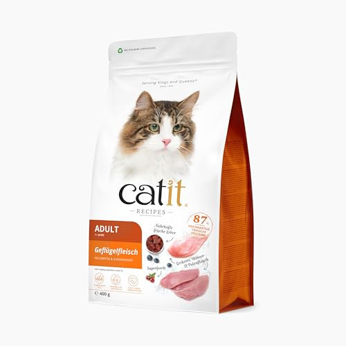 Catit Recipes - Premium Trockenfutter für Katzen - mit Geflügelfleisch, für ausgewachsene Katzen, Alleinfuttermittel, 400g, hilft Haarballenbildung vorzubeugen
