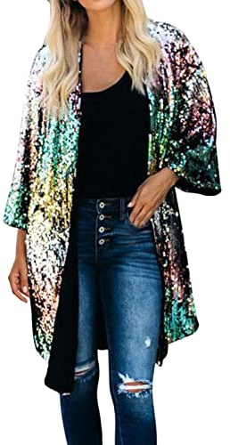 OBiQuzz Women's Glitter Sequins Bolero Cardigan Jacket, Long Sleeve, Plus Size, Shawl Neck, Loose Fit, All Seasons, UK Size Large